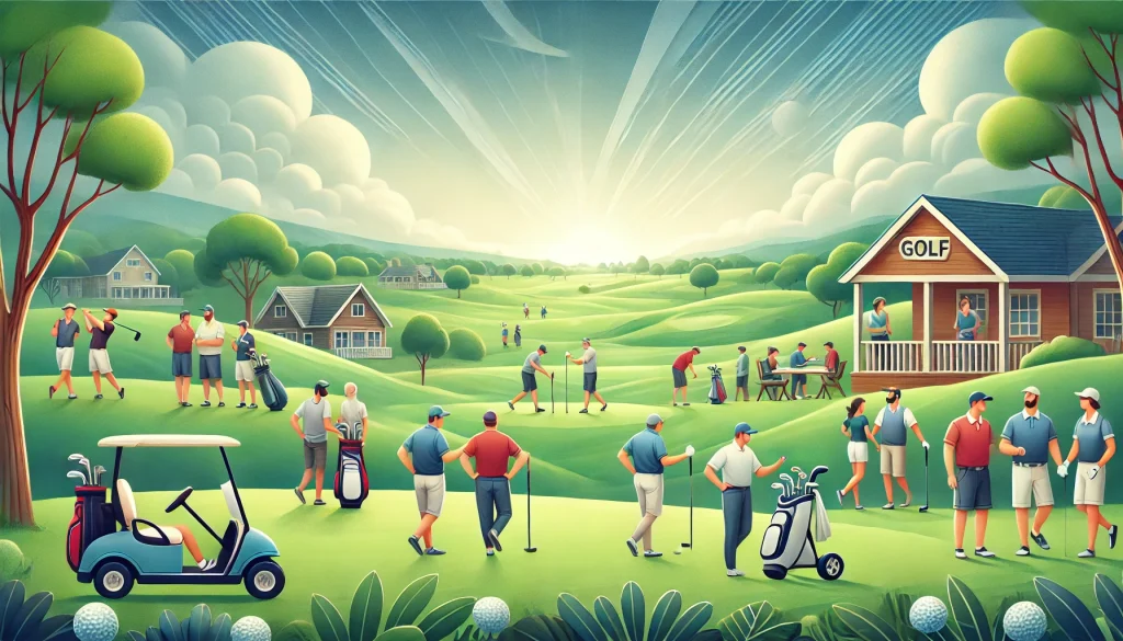 DALL·E 2024-10-01 13.27.45 - A wider banner version of a welcoming image for a community page on a golf affiliate marketing website. The scene includes a golf course with green ro